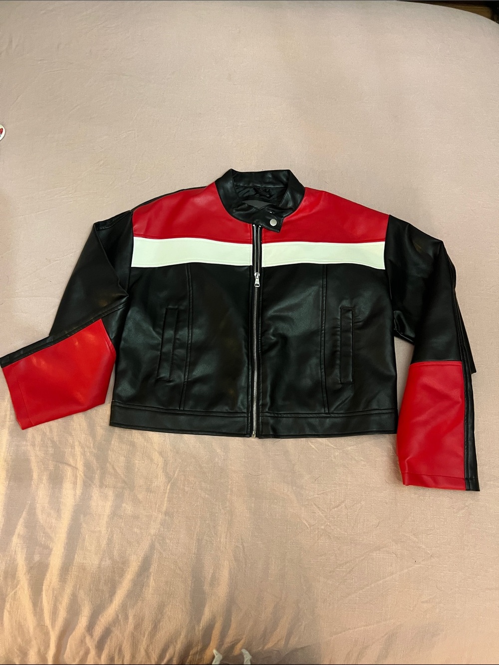 Ci Sono Black Red and White Faux Leather Bomber Jacket